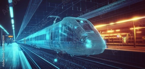 Obraz Train depicted in a modern 3D polygonal wireframe at a railway station.