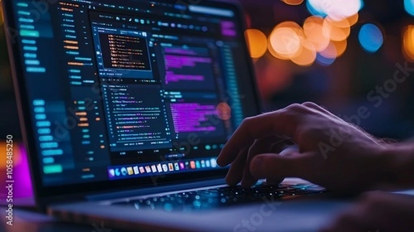 Fototapeta Working businessman in front of a computer screen, digital technology and finance 