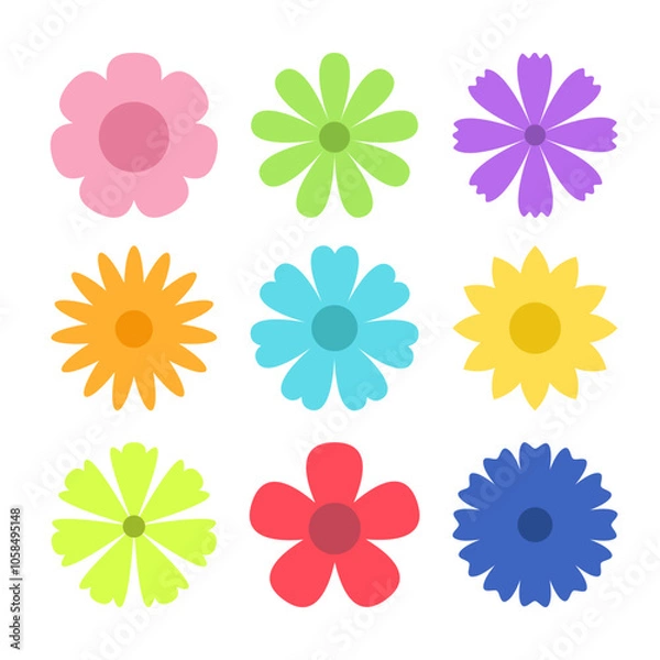 Fototapeta Spring flower set. Daisy chamomile, cornflower, sun flower, chrysanthemum. Colorful flowers collection. Fresh and blooming elements. Growing concept. Flat design. White background Isolated. Vector