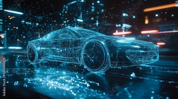 Obraz holographic vehicle projection, intricate connection points, floating particle effect, cyberpunk aesthetic, automotive technology illustration