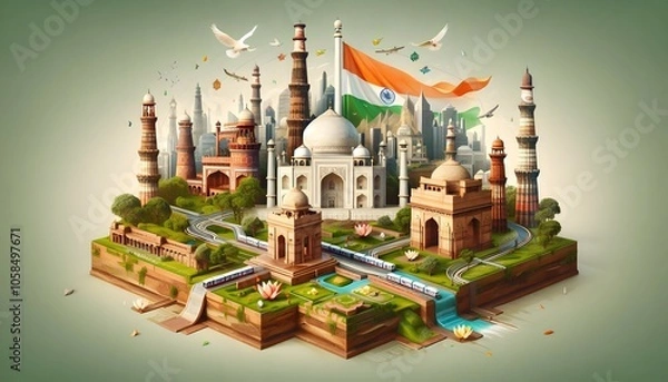 Obraz A 3d rendered blend of iconic monuments like the Taj Mahal, Qutub Minar, and Hawa Mahal with modern urban infrastructure. Traditional temples and forts are seamlessly connected.