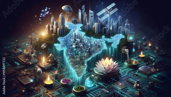 Obraz A 3d rendered futuristic depiction of India’s tech hubs and industries, including IT, manufacturing, and space exploration. Skyscrapers, satellites, robotic arms, and circuit boards.