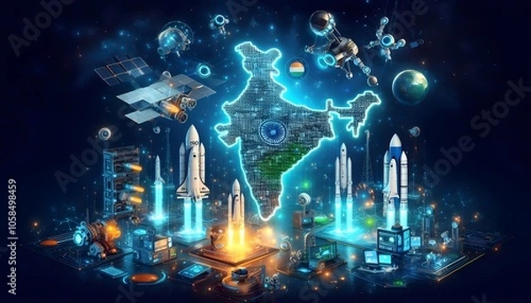 Obraz A 3d rendered futuristic vision of India’s achievements in space and science, like ISRO’s missions and startups. Rockets and satellites launch from a glowing map of India.