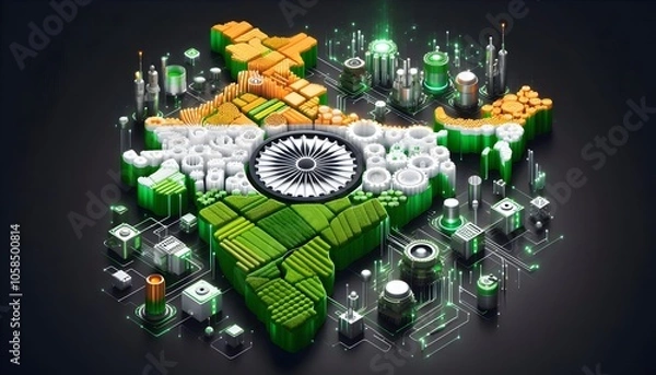 Obraz A 3d rendered theme where different industries (like agriculture, tech, manufacturing) are represented using India’s national colors. Green fields and crops flow into white tech hubs and saffron-color