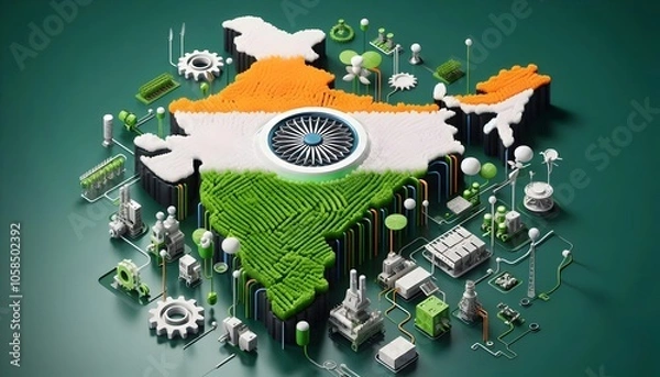 Obraz A 3d rendered theme where different industries (like agriculture, tech, manufacturing) are represented using India’s national colors. Green fields and crops flow into white tech hubs.