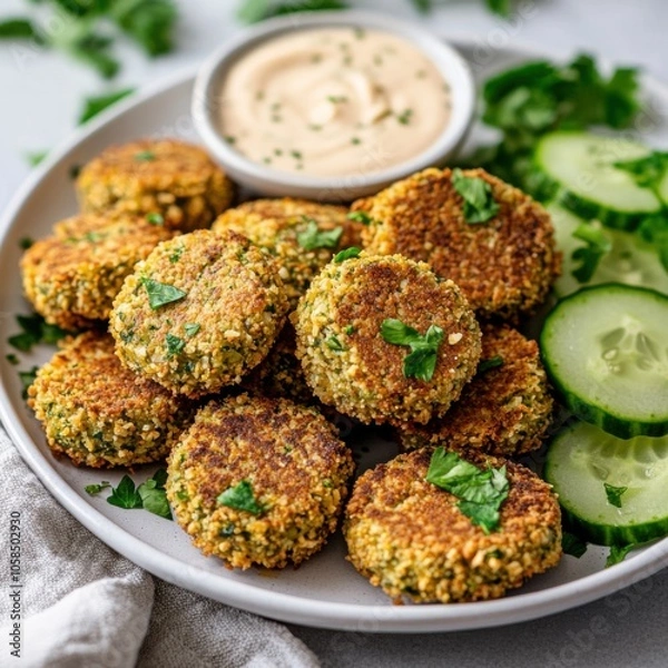 Fototapeta A crispy and golden brown baked falafel with a side of tahini sauce, served on a white plate, Falafel centered with a few cucumber slices