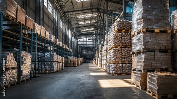 Fototapeta A spacious warehouse filled with stacked pallets of goods, showcasing organized storage and ample lighting.