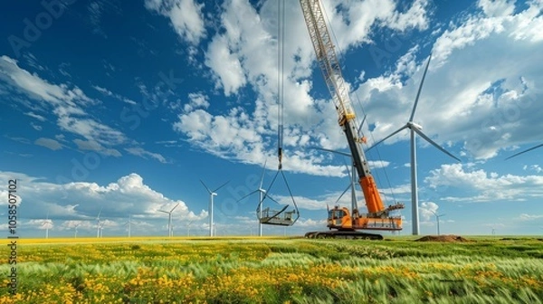 Obraz Construction of a Wind Farm: Renewable Energy in a Field of Yellow Flowers