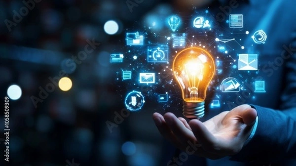 Fototapeta 2410 34.A glowing light bulb held by a businessman, with virtual ebook icons and digital symbols surrounding him. The soft glow from the light bulb and the digital interface creates a futuristic