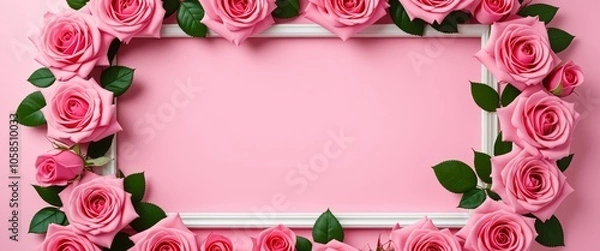 Fototapeta Elegant pink rose frame on soft pink background for romantic designs