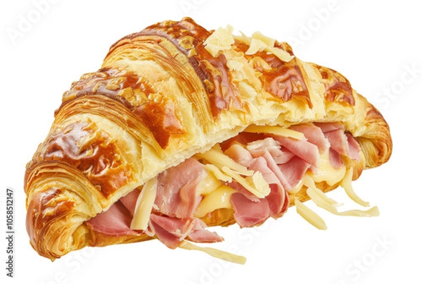 Fototapeta Savory croissant filled with ham and cheese, perfect for breakfast or a snack, isolated on a white background.