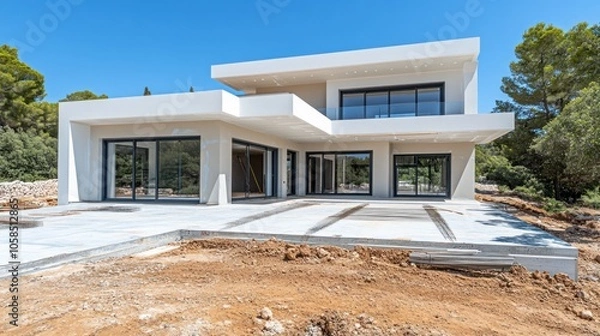 Fototapeta Modern architectural design of a new house under construction in a natural setting.