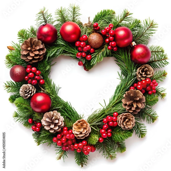 Fototapeta Christmas wreath hanging with red berries and ornaments, pine cones heart shape isolated on white