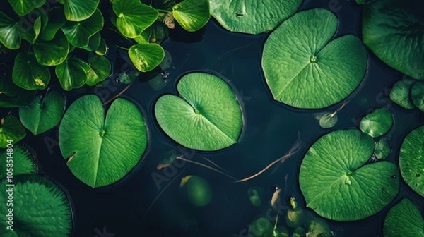 Obraz Aerial view captures vibrant green water lily leaves creating a lush scene on the pond, with ample photo space for adding text or graphics. Lush greenery surrounds the water lily leaves.