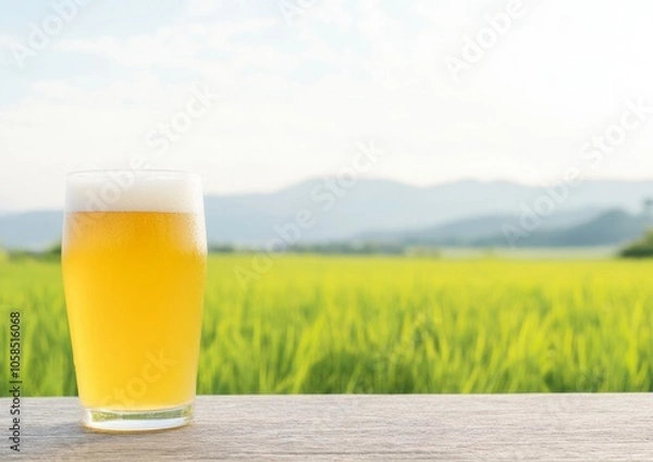 Fototapeta Tranquil Sunrise Over Rice Field with Refreshing Drink in Foreground