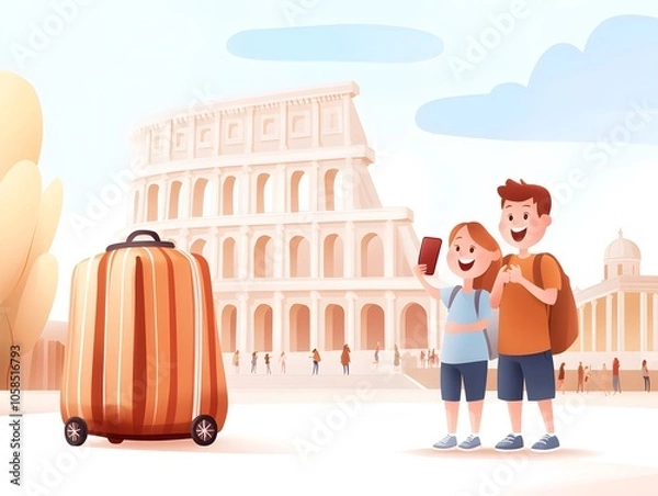 Fototapeta A cheerful scene featuring two children taking a selfie in front of the Colosseum with a colorful suitcase nearby.