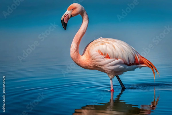 Fototapeta flamingo in the water. flamingo, bird, pink, nature, animal, water, zoo, wildlife, beak, neck, birds, red, tropical, feather, standing, exotic, flamingos, lake, wild, fauna, long, beautiful, beauty, w