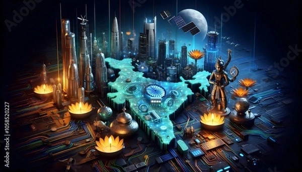 Obraz A futuristic depiction of India’s tech hubs and industries, including IT, manufacturing, and space exploration. Skyscrapers, satellites, robotic arms, and circuit boards interwoven.