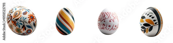 Obraz Colorful, decorative eggs arranged in a row against a transparent background, showcasing intricate patterns and vibrant designs.