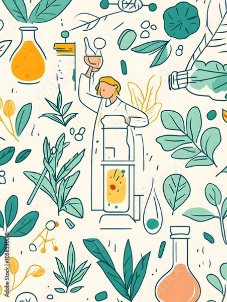 Obraz Thai Herbal Medicine Experimentation and Extraction Process, Featuring Colorful Traditional Herbs, Laboratory Equipment, and Scientific Analysis