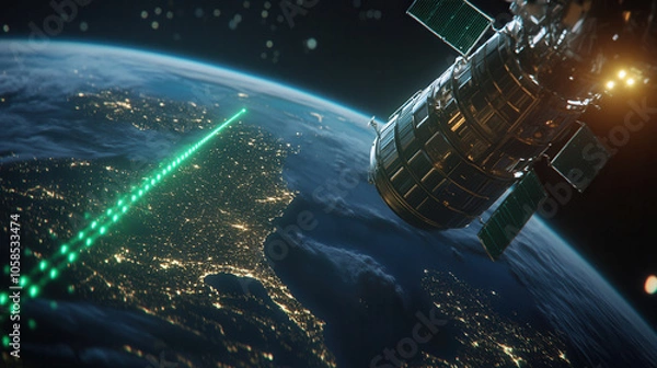 Fototapeta Close up of satellite in orbit, illuminated by sunlight, with Earth below. green laser beam extends towards planet, showcasing advanced technology and exploration