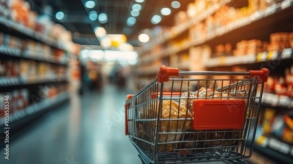 Fototapeta Fast-Paced Shopping Cart Moving Through Grocery Store Aisle