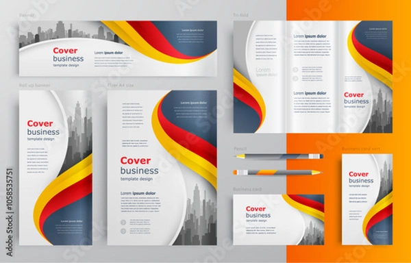 Obraz Identity Red and Orange Color Curves Waves Theme. Set flyer cover, tri-fold, banner, roll up banner, business card
