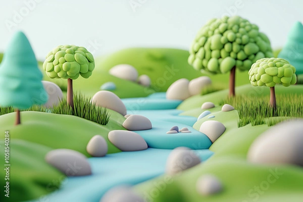 Obraz Cartoon-style river flowing through grassy landscape with trees and rocks in serene environment.