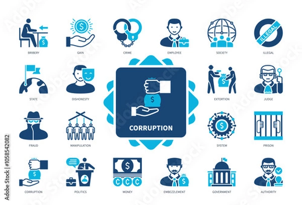 Obraz Corruption icon set. Bribery, Extortion, Dishonesty, Fraud, Money, Prison, Authority, Government. Duotone color solid icons