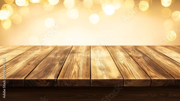 Obraz Old wood table top with with golden bokeh effects background Mock up for display
