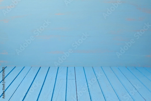 Fototapeta Empty wooden blue table over blue wall. Kitchen background