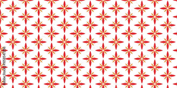 Fototapeta Unique pattern with red and orange floral motifs with the addition of small green circles on a white background