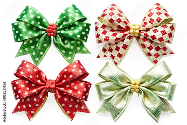 Fototapeta Set of Christmas Bow ribbons isolated on white background