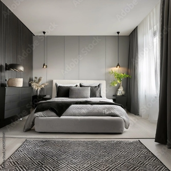 Fototapeta modern bedroom featuring a primary color scheme of black and white art