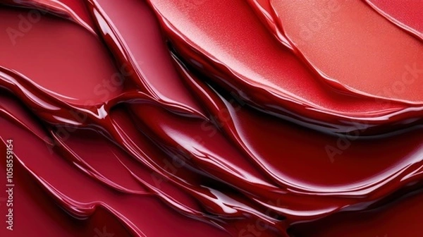 Fototapeta Layers of glossy lipstick textures in shades of red and coral, creating a bold, vibrant abstract background with rich, luxurious makeup product appeal.