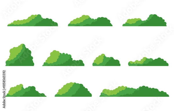 Obraz Green bushes. Set of grass bush isolated on white background. Green grass collection. Bush with beautiful. Flat vector illustration.