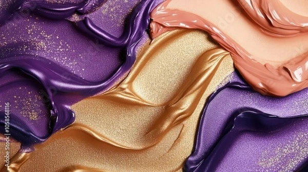 Fototapeta A vibrant mix of metallic and matte cosmetic textures in rich purple, gold, and peach tones, forming an abstract, high-end makeup product backdrop.