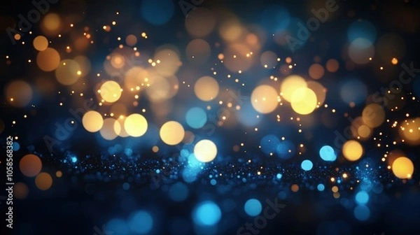 Fototapeta A vibrant bokeh lighting effect with cool blue and warm golden lights glowing softly against a dark background. The abstract lights create a gentle, festive ambiance with a touch of elegance.