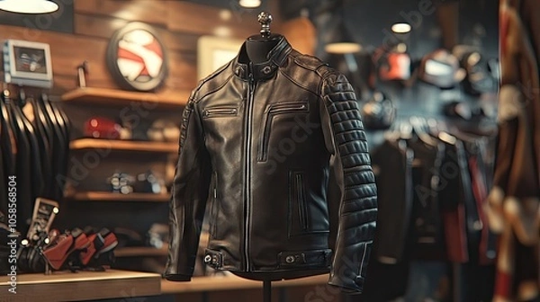 Obraz Motorclothes collection includes a stylish biker leather jacket displayed in a retail shop, emphasizing the craftsmanship and design. The biker leather jacket is perfect for riders.
