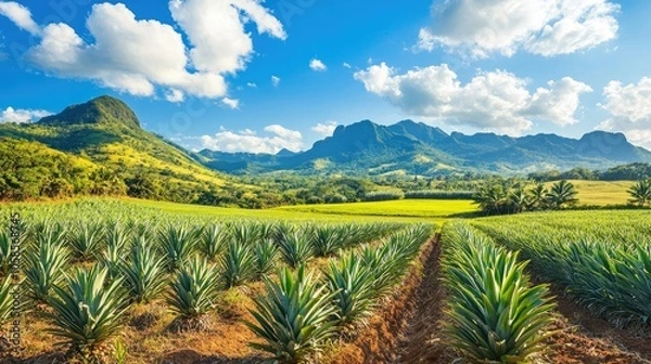 Fototapeta Vibrant pineapple ranch landscape with a lush green sugarcane plantation in the background, under a blue sky, complemented by majestic green mountains, with ample copy space.