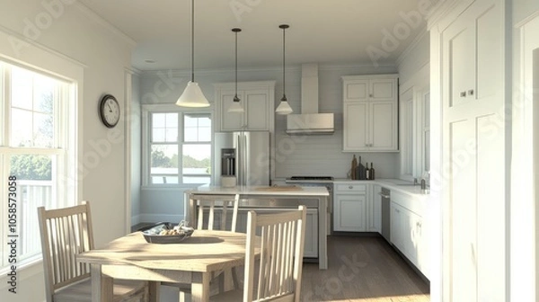 Obraz Modern Bright Kitchen with Dining Table and Natural Light