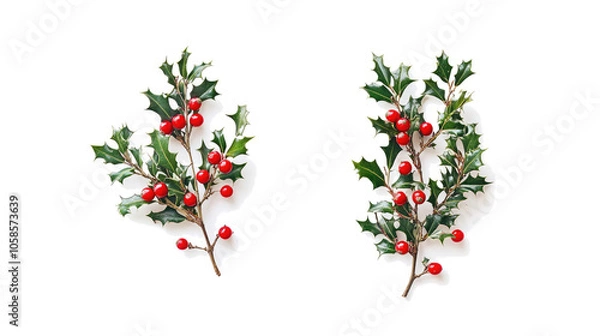 Fototapeta Holly Twigs With Bright Red Berries Isolated on a White Background Generative AI