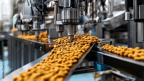 Obraz Close-up view of an industrial food production line with machines processing dry pet food pellets on conveyor belts in a factory setting.