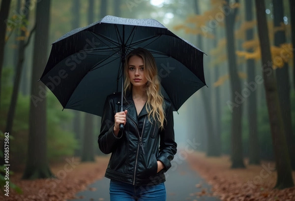 Fototapeta A woman walks in a forest while holding an umbrella.