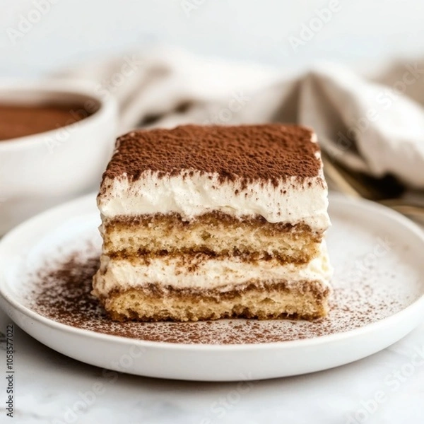 Fototapeta A decadent slice of tiramisu with layers of coffee-soaked ladyfingers and mascarpone cream, elegantly presented on a white plate, Tiramisu centered
