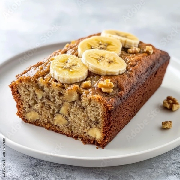 Fototapeta A delectable and moist banana bread with a golden crust and slices of banana on top, served on a white plate, Banana bread centered