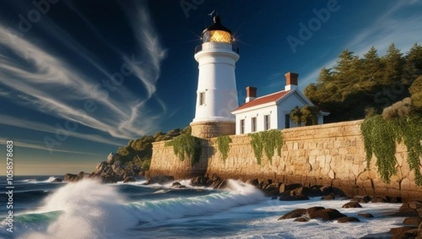 Fototapeta lighthouse on the coast of state country with a dramatic sea waves and fascinating sky, a painting wallpaper background 