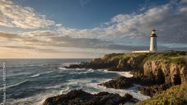 Fototapeta lighthouse on the coast of state country with a calm sea and fascinating sky, a painting wallpaper background 