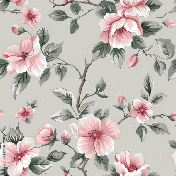 Fototapeta Beautiful floral pattern with pink and green flowers on a soft gray background.