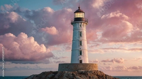 Fototapeta Close up photo of a lighthouse on the coast of state country with a fascinating pastel pink and purple sky as background, a wallpaper painting